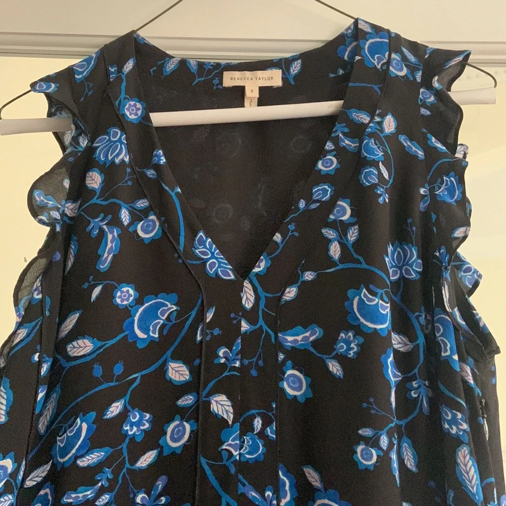 Rebecca Taylor vneck bright blue and black floral vneck silk dress with ruffles8